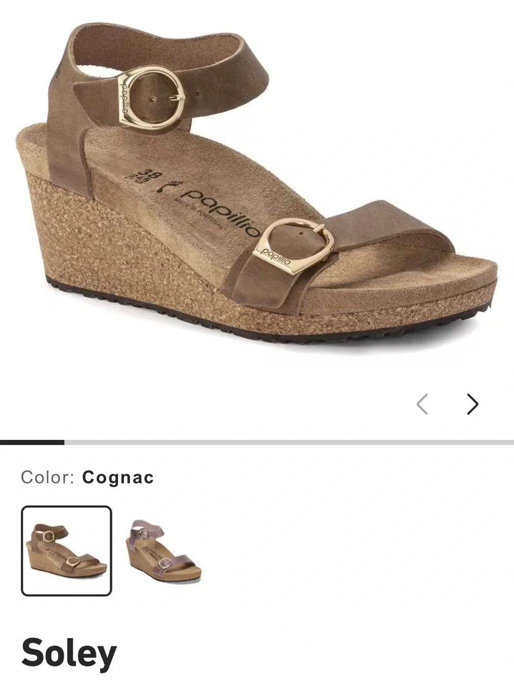NWT Birkenstock Soley Wedge Sandal in Cognac Brown with Gold Buckles